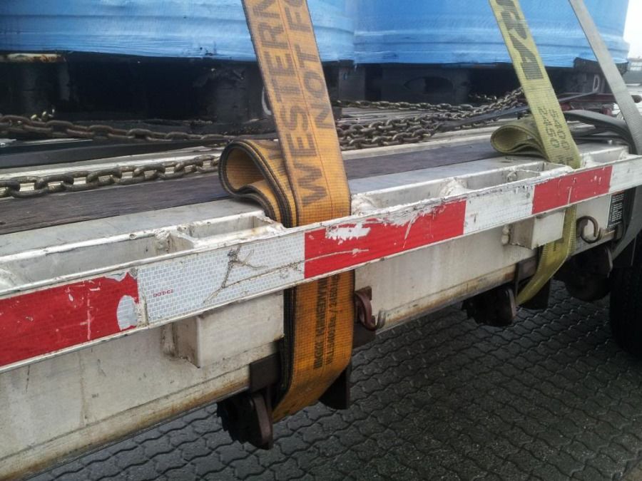close-up example of steel coils strapped to a flatbed trailer