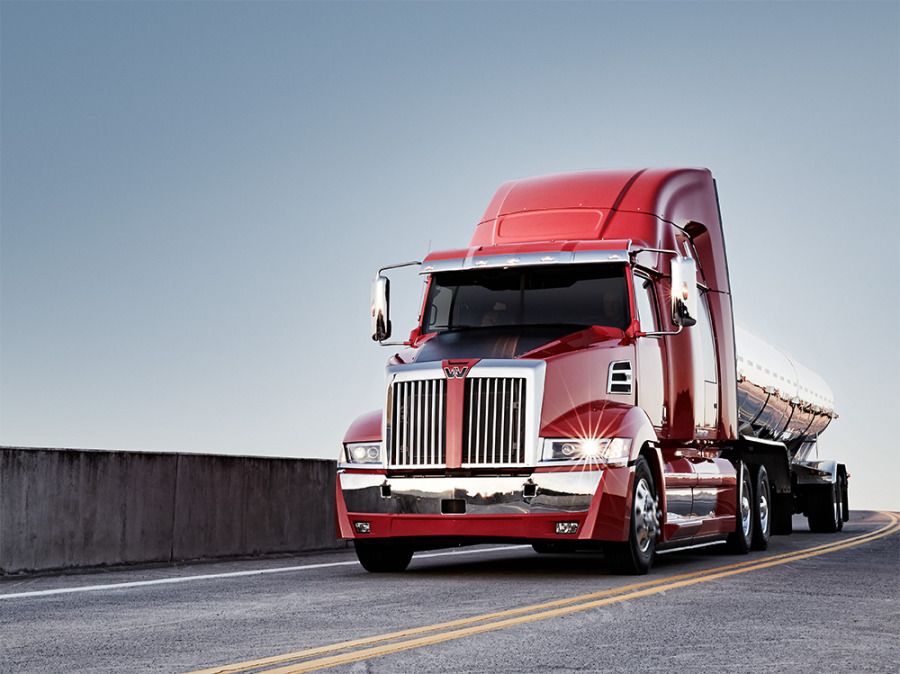 brand new red Western Star flatbed truck