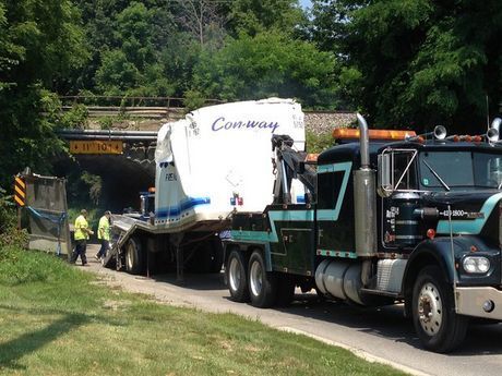 con-way trailer destroyed by low bridge overpass