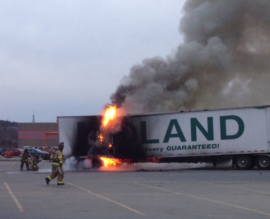 Midland Transport Limited Truck full of fries catches fire at Waterville Walmart