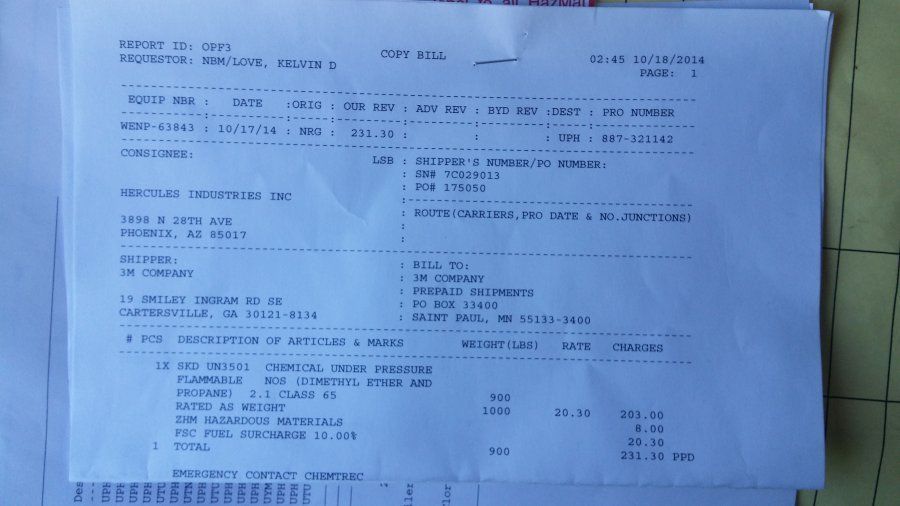 copy of truck drivers hazmat bill of lading paperwork