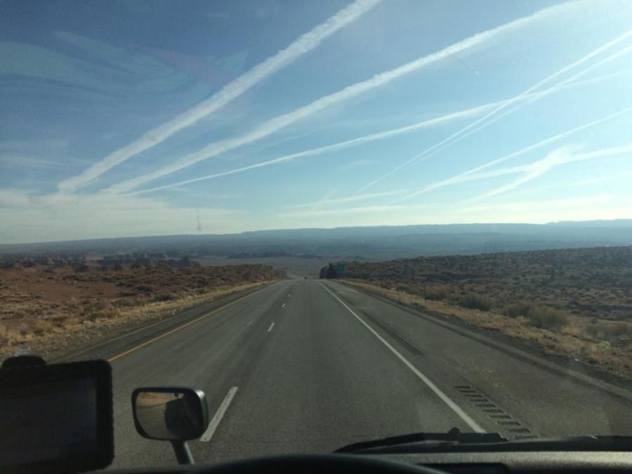 picture of the road out of the trucker's windshield