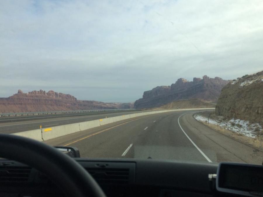 picture of the road out of the trucker's windshield