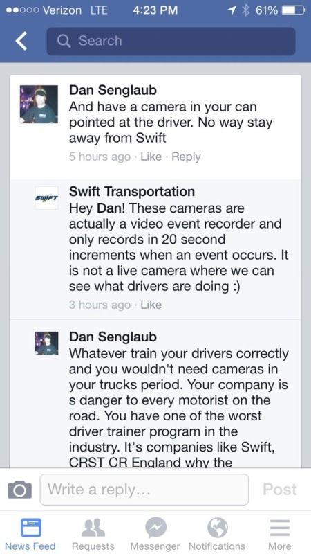 facebook conversation about Swift in-cab cameras