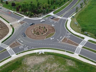 overhead view of modern traffic roundabout