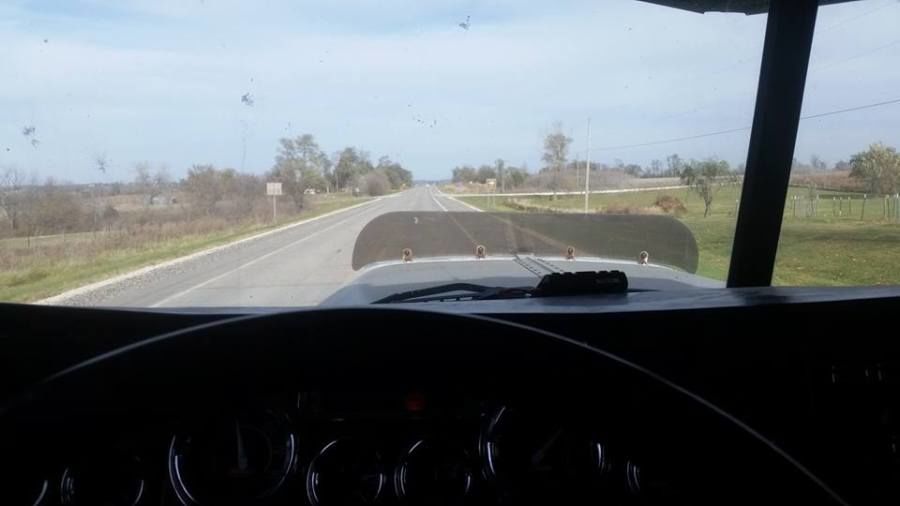truck driver's view out the windshield of Peterbilt 379
