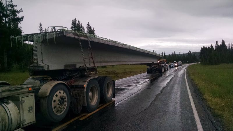 flatbed trailers with dollies carrying giant cement bridge beams